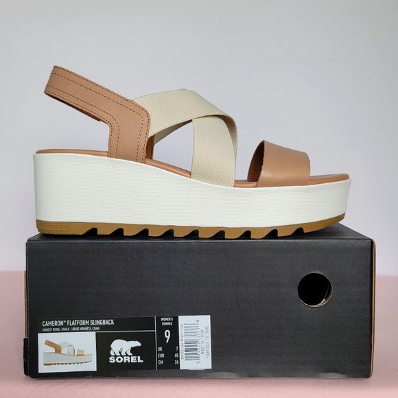 SOREL Cameron Flatform Slingback Leather/Fabric Sandals-Honest Beige/Chalk Size9 - Picture 16 of 16